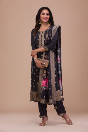 Black Zariwork Art Silk Readymade Salwar Suit