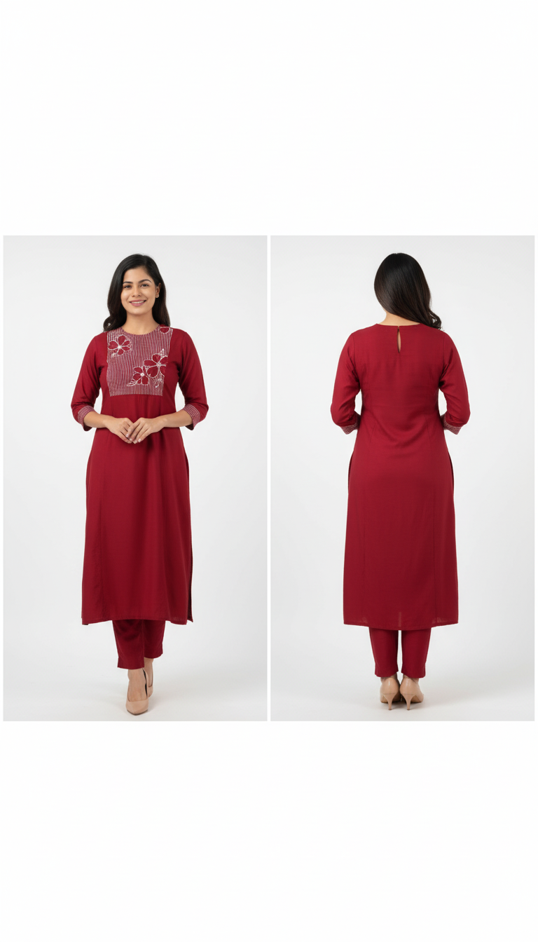A-Line Shoulder Princess Kurta Set with Embroidered Yoke and Stitch Line Sleeves – Elegant Ethnic Wear for Women