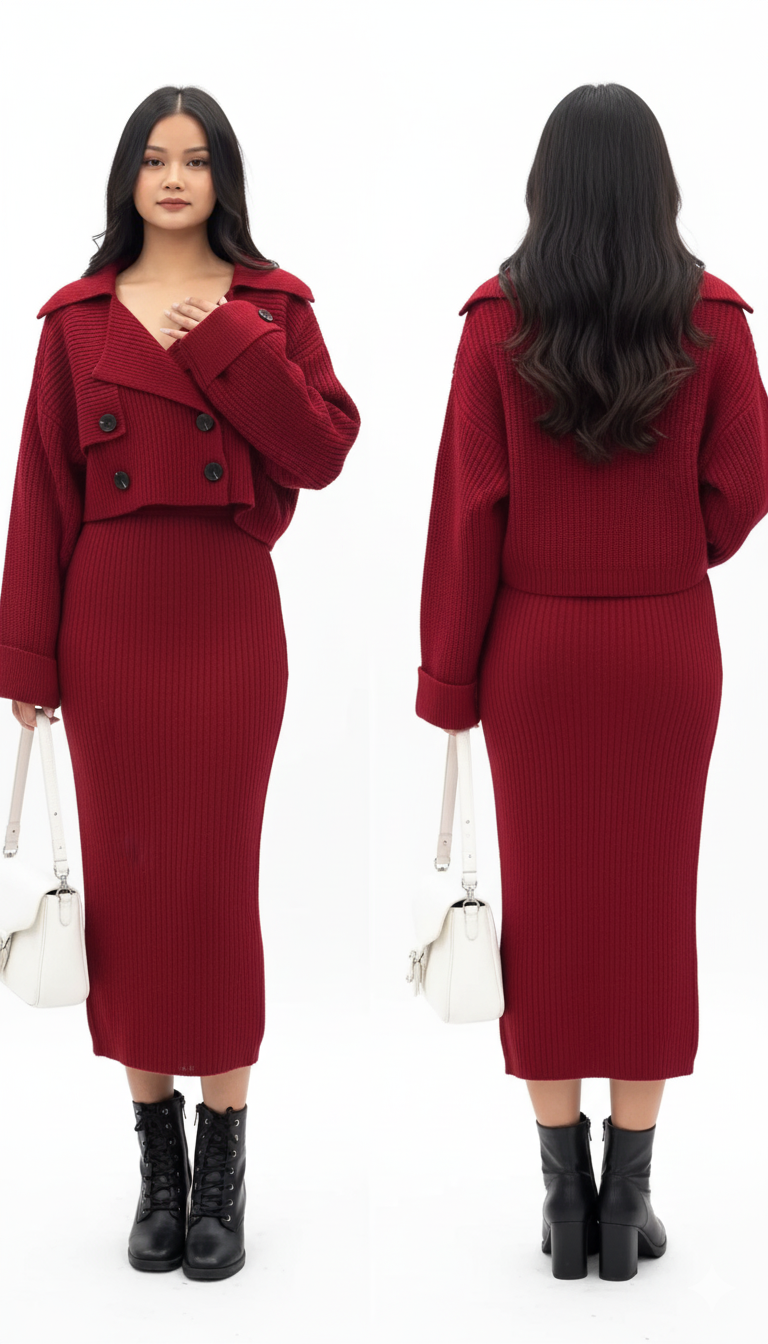 2-Piece Sweater Set – Casual Crop Top & Bodycon Skirt Outfit for Women