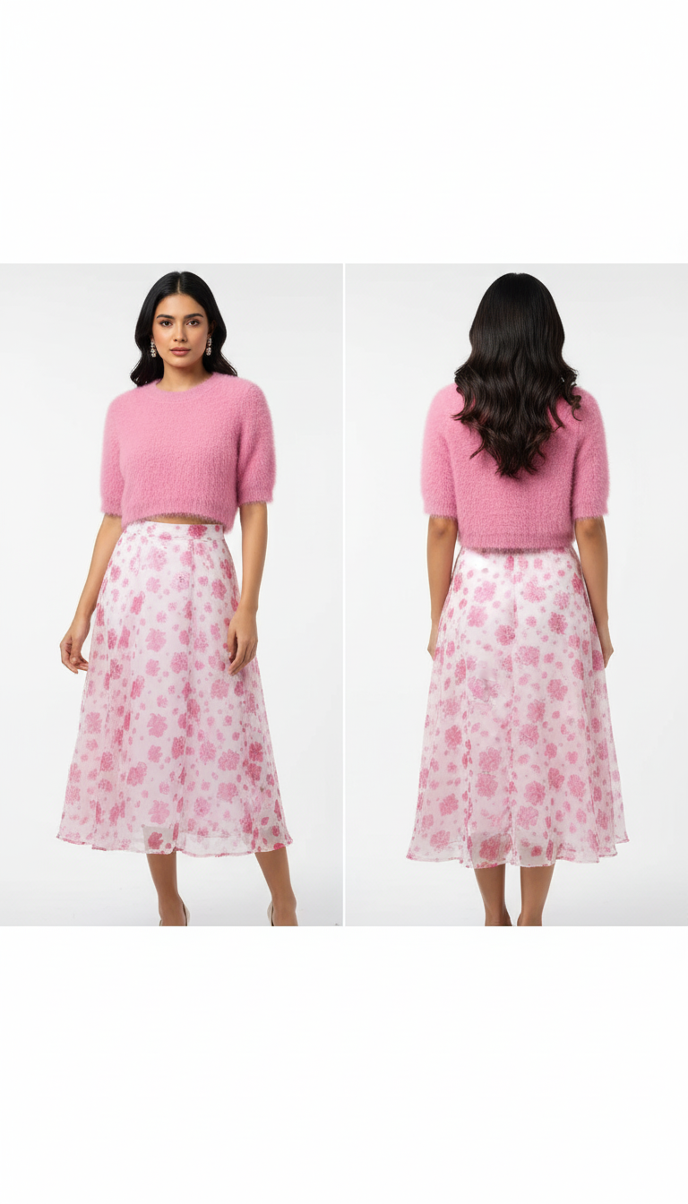 Women Floral Print Flared Pink Skirt and Top – Elegant Ethnic Fusion Set