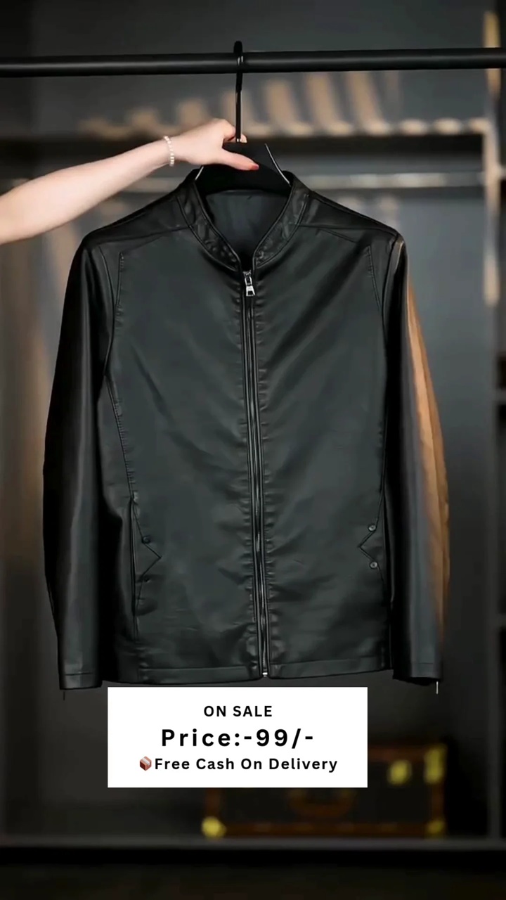 Men Mandarin Collar Solid PU Casual Windcheater Jacket