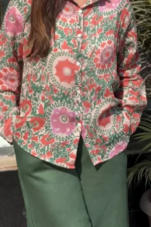 Floral Print Cotton Shirt Style Top With Pent