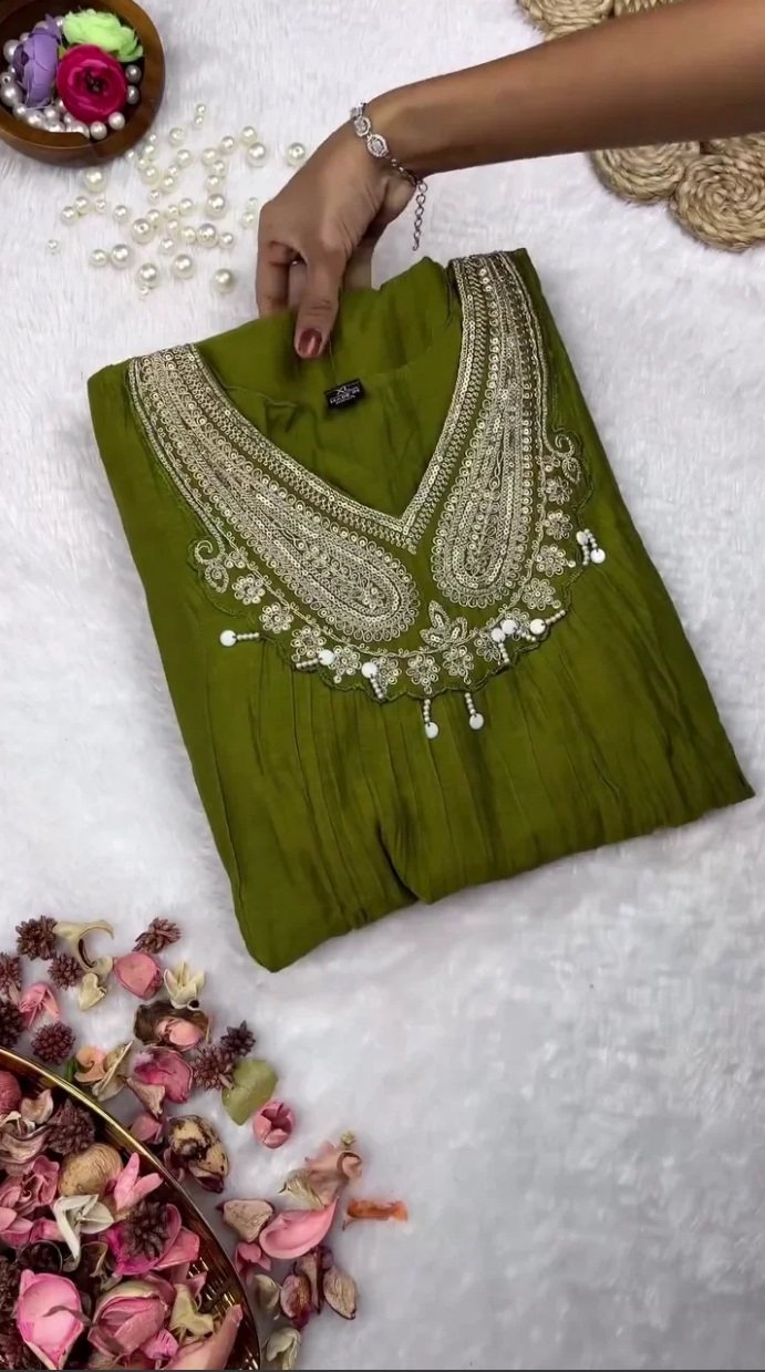 Elegant Olive Green Embroidered Silk Kurta Set with Matching Trousers and Dupatta - Festive Ethnic Wear for Women