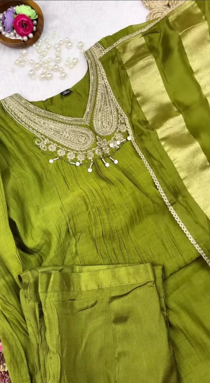 Elegant Olive Green Embroidered Silk Kurta Set with Matching Trousers and Dupatta - Festive Ethnic Wear for Women - Image 2