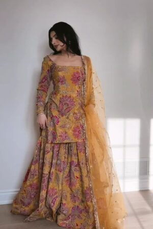 Musted Yellow Designer Suit Set with Embroidered Scalloped Dupatta & Straight Pants – Premium Silk Blend Ethnic Gown for Weddings, Parties, and Festive Wear