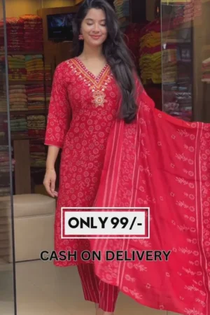 Women Solid Embroidered Pure Cotton Straight Kurta With Duppata