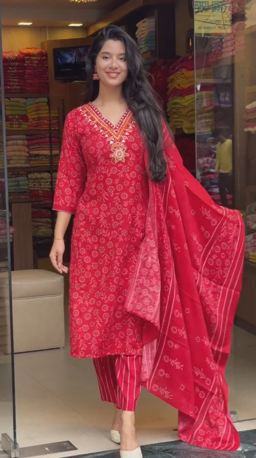 Women Solid Embroidered Pure Cotton Straight Kurta With Duppata - Image 2