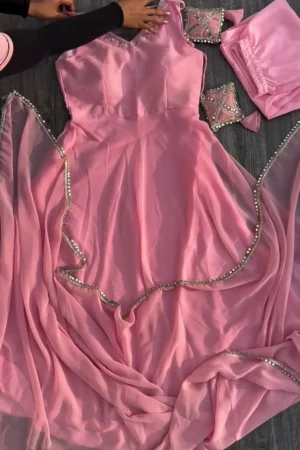 Trendy Women’s Georgette Embroidered Anarkali Sleeveless Morni Gown and Dupatta with Elegant Design