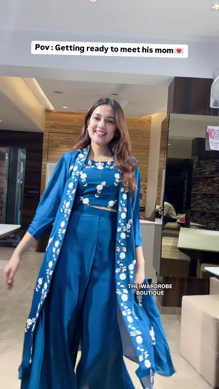 3-Piece Crop Top, Sharara, and Long Shrug Set – Elegant Festive Wear